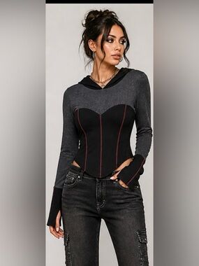 Laura Hlavac Corset Style Hoodie Top Black Gray Red Stitch Long Sleeve Size S